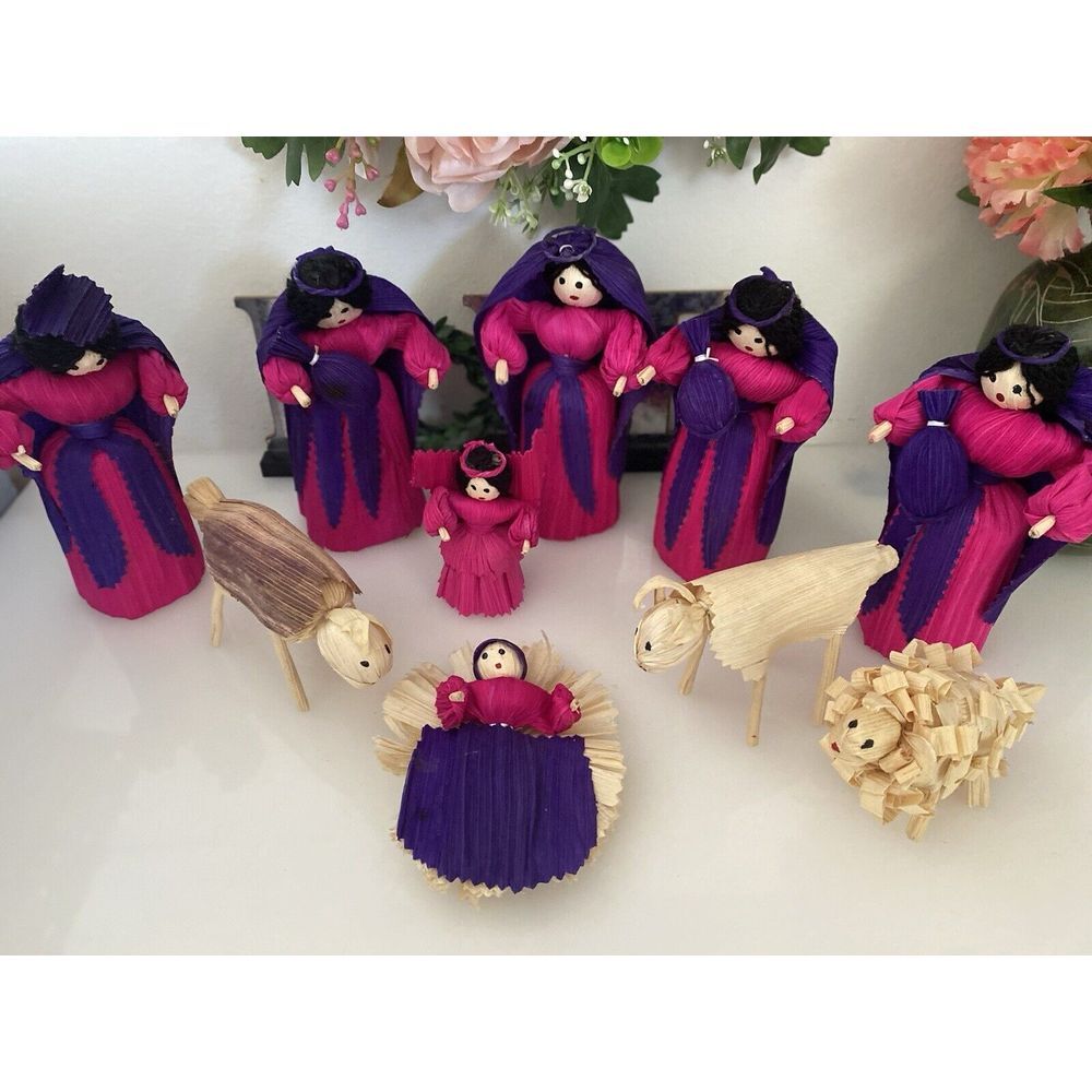 10 Piece Handmade Vtg Christmas Nativity Set Corn Husk 5"‎ Dolls Roatan Honduras - Picture 4 of 16